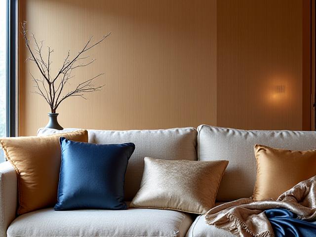 豪華なシルクのクッションとタペストリーが飾られた上品なリビングスペース